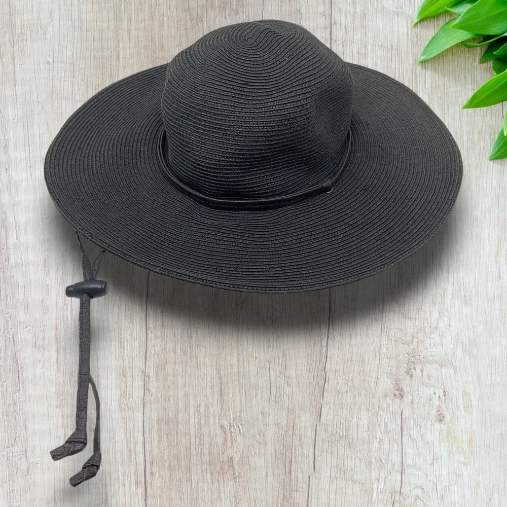San Diego Hat Co Black Wide Brim Sun Hat Chin Strap Woven Beach M UPF Style